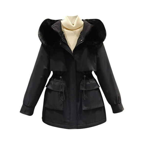 Elainilye Fashion Womens Winter Coats Medium Length Detachable One Coat Three Wear Windbreaker Work Attire Overcoat Cotton Jacket,Black