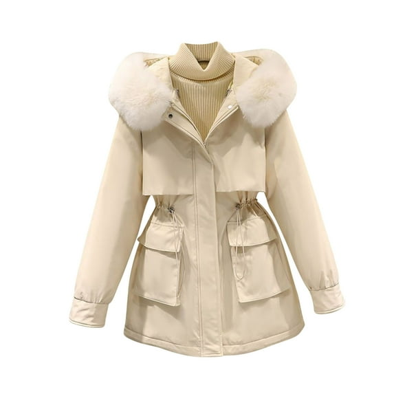 Elainilye Fashion Womens Winter Coats Medium Length Detachable One Coat Three Wear Windbreaker Work Attire Overcoat Cotton Jacket,White