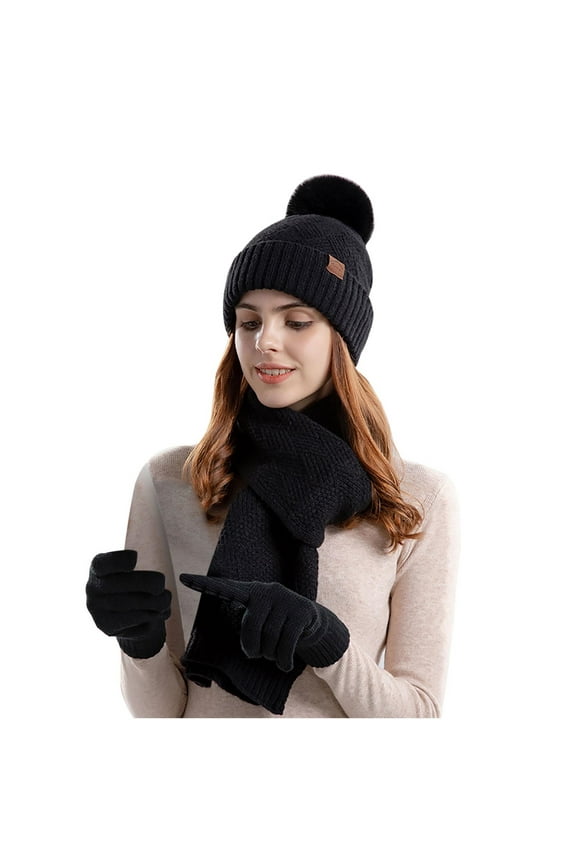 Fashion Womens Winter Hat Scarf Gloves Set Beanie Cap Winter Woolen Hat Warm Scarf Gloves Three Piece Ear Protection Hat,Black
