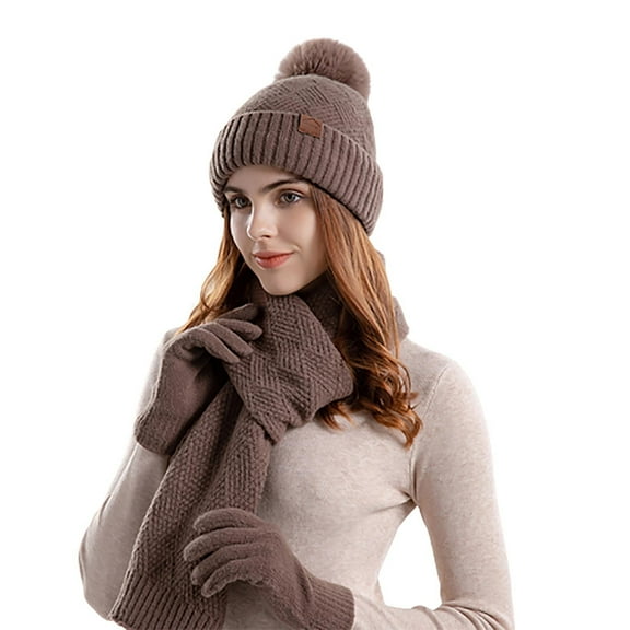 Elainilye Fashion Womens Winter Hat Scarf Gloves Set Beanie Cap Winter Woolen Hat Warm Scarf Gloves Three Piece Ear Protection Hat,Brown