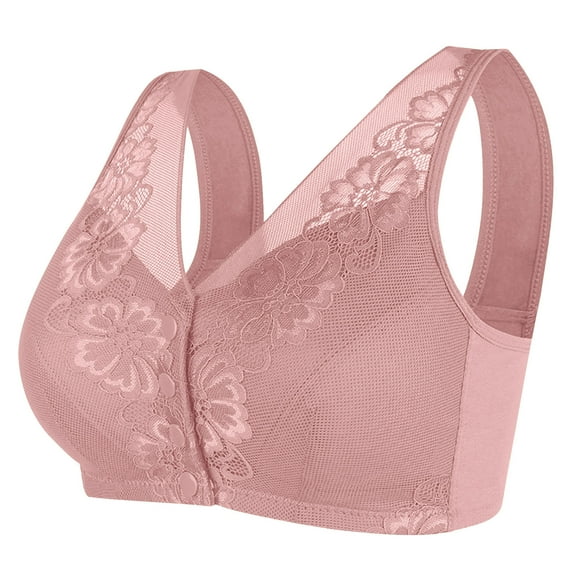 Elainilye Fashion Womens Wireless Bras Traceless Plus Size Front Button Bra Back Support Bra Thin Style Gathered Adjusted Bra,Pink
