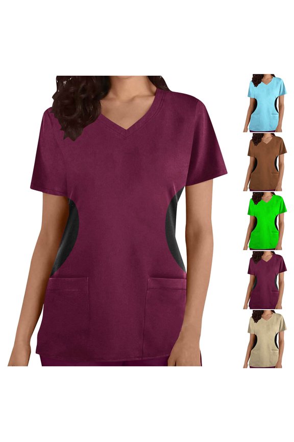 Fashion Work Shirts for Women Short Sleeve V-Neck Tops Working Uniform Printing Pocket Blouse Tops,Brown