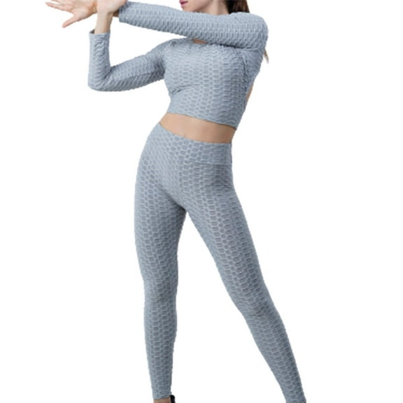 Elainilye Fashion Workout Outfits for Women 2 Piece Casual Solid Tight Hip Curling Yoga Suit Sports Set Long Sleeve Pants Sets,Gray