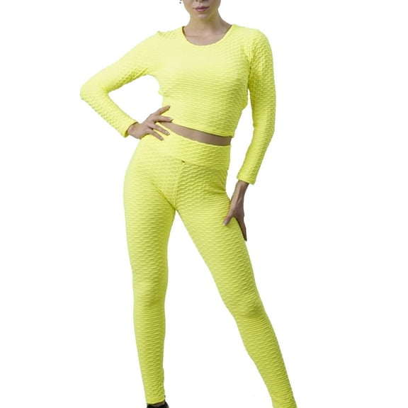 Elainilye Fashion Workout Outfits for Women 2 Piece Casual Solid Tight Hip Curling Yoga Suit Sports Set Long Sleeve Pants Sets,Yellow
