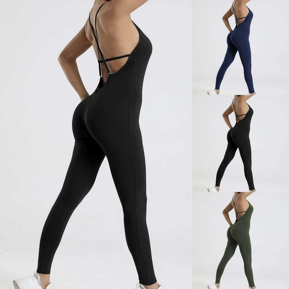 Elainilye Fashion Workout Outfits for Women Sexy Solid Color Hollow Out Adjustable Bandage Tight Casual Fitness Yoga Jumpsuit,Black