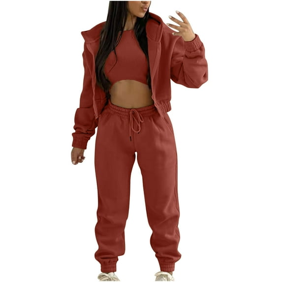 Elainilye Fashion Workout Outfits for Women Winter Clothes Sweatsuit Hooded Casual Sports Set Vest Hooded Jacket Pants Three Piece Set,Red