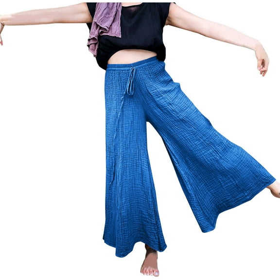 Elainilye Fashion Yoga Pants Women Cotton Flare Drawstring Belted Temperament Yoga Shape Pants Bell Bottom Leggings,Blue