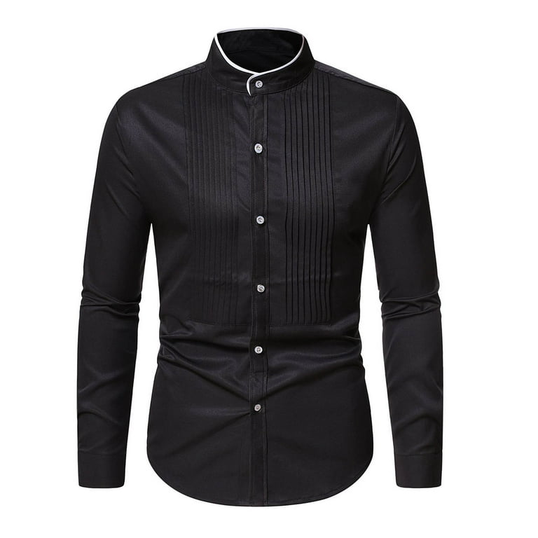 Elainilye Fashion for Men Mock Neck Solid Print Shirt Slim Pleated Top Long  Sleeved Shirt Dress Shirt Bottom Top Blouse