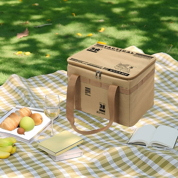 Elainilye Folding Storage Box, Collapsible Organizer Tote for Camping Picnic Utensils Kitchenware Tactical Gear Large Capacity Carry Bag, Khaki