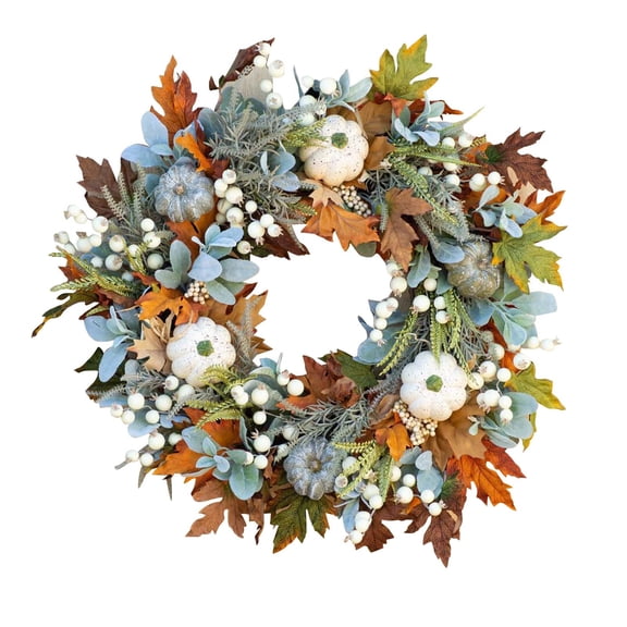 Elainilye Frosted Pumpkin Door Wreath, Autumn Leaf Hanging Pendant, Thanksgiving Window Decoration for Entryways, Parties, Events