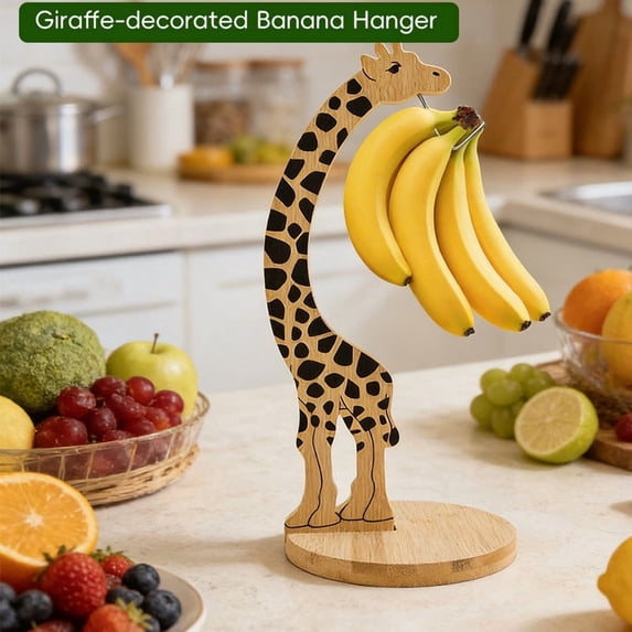 Elainilye Giraffe Banana Holder, Wooden Banana Hanger Stand with Stainless Steel Hook, Countertop Fruit Display Rack for Kitchen Dining Table, Decorative Fruit Storage