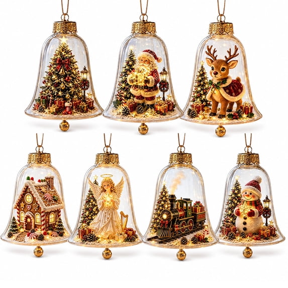 Elainilye Glowing Christmas Story Ornament, 7PCS Mini Holiday Scene Ornament with Warm LED Light, Festive Keepsake for Tree, Mantel & Christmas Decor