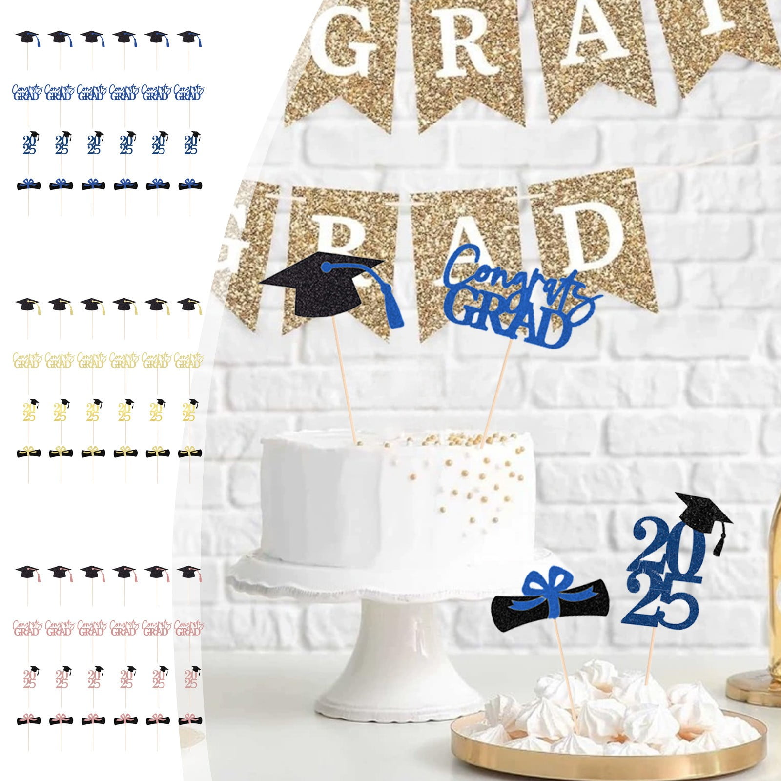 Blue Glitter Congrats Officer Cake Topper Set - 1 Large Topper + 12 Cupcake Picks For Policeman Graduation Party