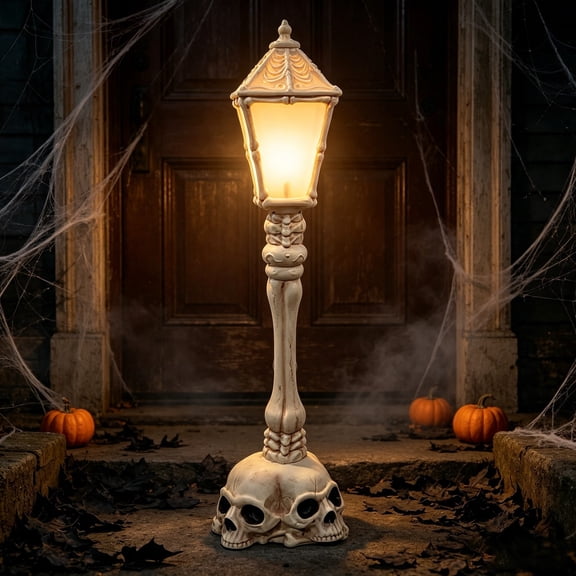 Elainilye Halloween Skull Street Lamp Decor, 11.8 Inch Gothic Skeleton Base Night Light, Indoor Outdoor Spooky Table Lamp for House Yard Party