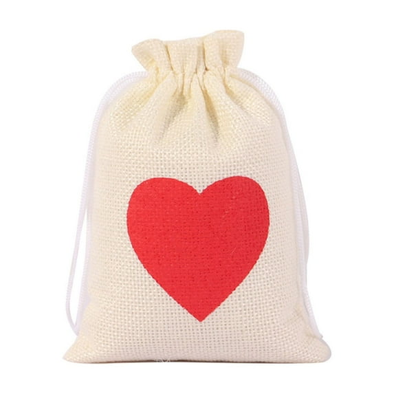 Elainilye Heart Canvas Drawstring Bag for Wedding Candy Gift Packaging, Valentine's Day Party Favor Bag with Red Love Design