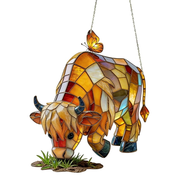 Elainilye Highland Cow Butterfly Suncatcher, Stained Glass Style Window Hanging, Farm Animal Sun Catcher Ornament for Home Garden Farmhouse Decor, Gift for Cow Lovers