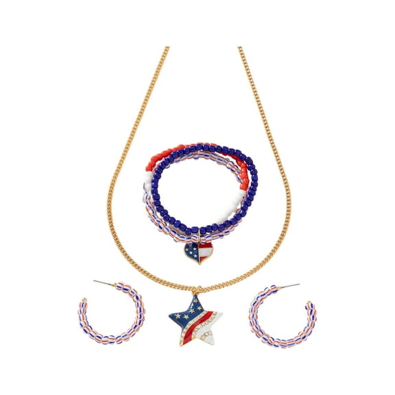 Elainilye Independence Jewelry Set, Patriotic USA Flag Necklace Earrings Bracelet Combo, Adjustable Red White Blue Gift for Women, Festival Party Accessories