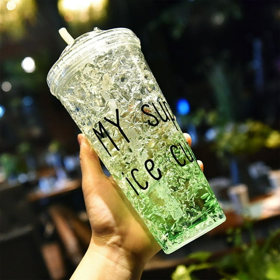 Elainilye Insulated Tumbler, Double Wall 16oz Gradient Cup, Sliding Lid Straw Cold Beverage Container, Beach Pool Party Camping Hydration Tool, Green