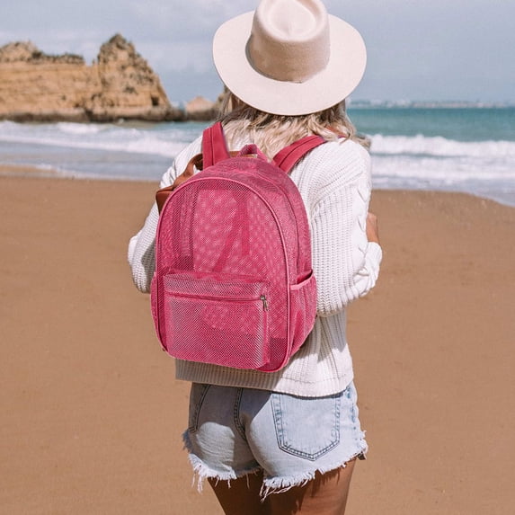 Elainilye Mesh Backpack for Beach, Mesh Beach Bag Heavy Duty Semi-Transparent Bag for Swimming, Beach, Sports, Work, Travel, Pink