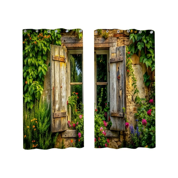 Elainilye Outdoor Curtains, Waterproof Courtyard Panels, Green Botanical Print 2-Piece Set For Patio Privacy, Garden Dividers, 5.9in Length