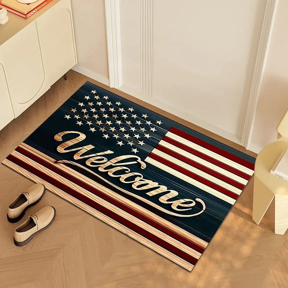 Elainilye Patriotic Doormat with Retro American Flag Design, Non-Slip Indoor Outdoor Entry Rug, Vintage Linen Floor Mat for 4th of July Independence Day Decor
