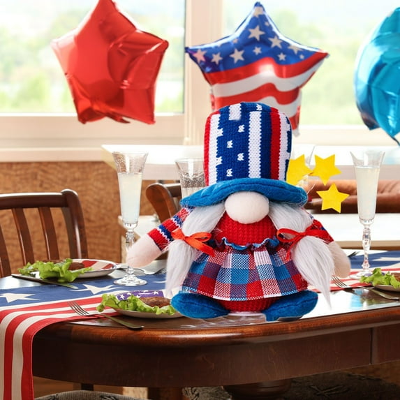 Elainilye Patriotic Gnome Figurines with LED Lights 4th of July Decorations, Holiday-Themed Garden Ornaments for Indoor/Outdoor Use, Festive Centerpieces, Independence Day Party Supplies