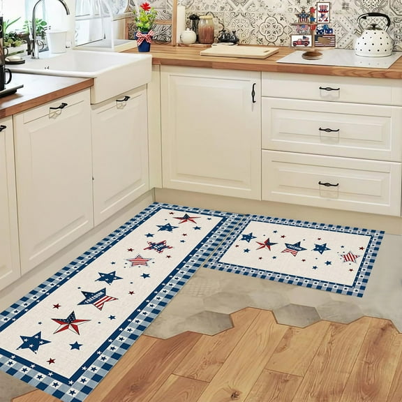 Elainilye Patriotic Rug Set, Non-Slip Kitchen Mat Pair with Flag Pattern, Red White Blue Doormats for Sink Stove Areas, Washable Indoor Outdoor Decor, A