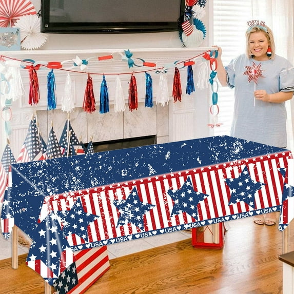 Elainilye Patriotic Table Runner for 4th of July Decorations, Star-Spangled Machine Washable Linen Tablecloth Cover, Holiday Dining Kitchen Fireplace Mantel Display, Large Party Accent