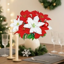 Elainilye Poinsettia Artificial Flowers Christmas Simulation Bouquet with Flannel and Pine Needles, Red and White Fake Flowers for Holiday Decor, Potted Plant Ornaments for Table
