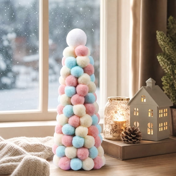 Elainilye Pom Pom Christmas Tree Centerpiece, 11 Inch Fluffy Ball Tower Tabletop Decoration, Holiday Winter Home Decor