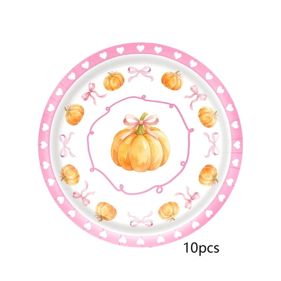Elainilye Pumpkin Party Plates 10-Piece Fall Bow-Ties Theme, Thanksgiving Paper Plates for Dinner, Dessert, Holiday Table Setting.