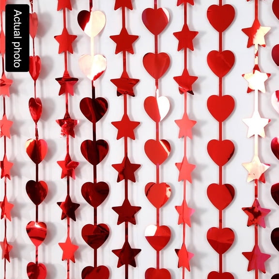 Elainilye Red Heart Shaped Rain Silk Curtain 2 Pieces for Holiday Party Background Wall Door Decor Event Backdrop