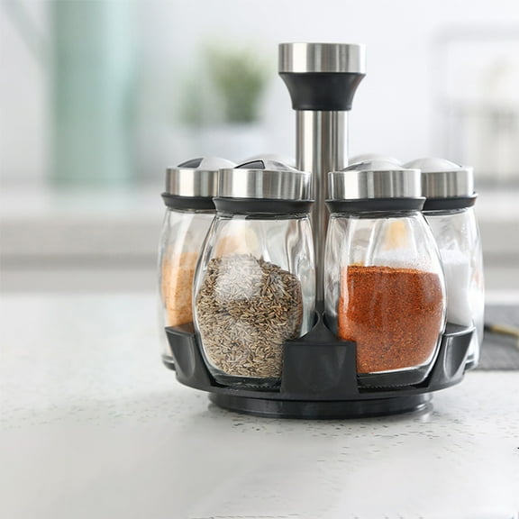 Elainilye Rotating Spice Jar Organizer with Glass Bottles, 360 Swivel Base Seasoning Container Set, Countertop Kitchen Storage Solution for Herbs, Spices, Cooking Essentials