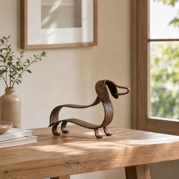 Elainilye Rustic Metal Dachshund Statue, Vintage Dachshund Figurine Set, Aged Finish Outdoor Garden Yard Decor, Desk Shelf Sitter Gift for Equestrian and Dog Lovers