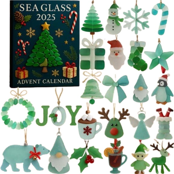 Elainilye Sea Glass Advent Calendar 2025 24 Days Christmas Countdown with Themed Ornaments for Beach Lovers Holiday Decor