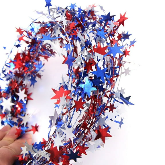 Elainilye Shiny Red White Blue Foil Patriotic Garland Decorations, Festive Hanging Star Streamers for Independence Day, Memorial Day Party Decor for Indoor Outdoor Celebrations