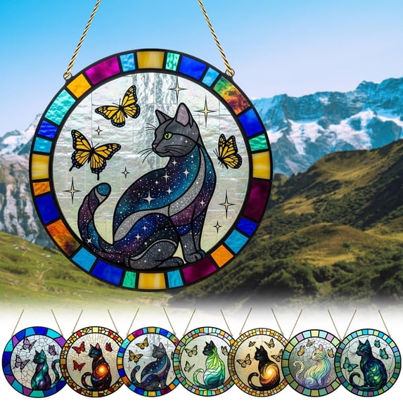 Elainilye Stained Glass Style Cat Suncatcher, Acrylic Cat & Butterflies Windows Hanging Decorations, Personalized Windows Hanging Sun Catcher Ornaments for Indoor Decoration