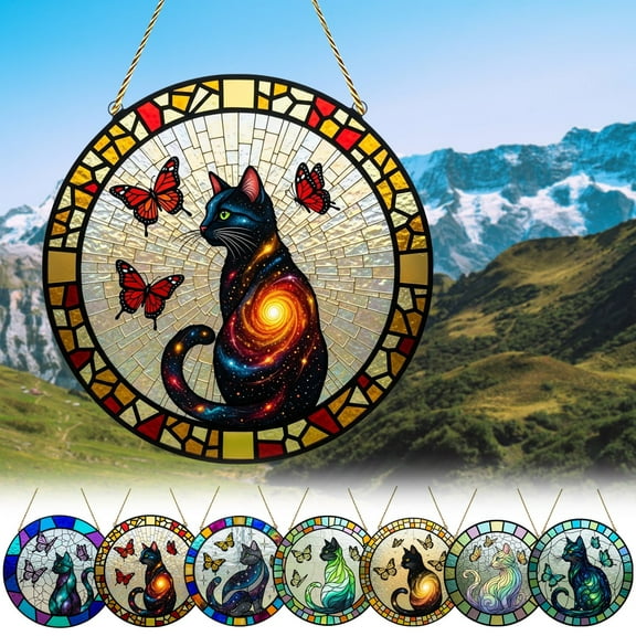 Elainilye Stained Glass Style Cat Suncatcher, Acrylic Cat & Butterflies Windows Hanging Decorations, Personalized Windows Hanging Sun Catcher Ornaments for Indoor Decoration