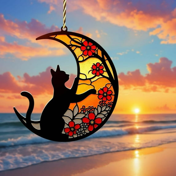 Elainilye Stained Glass Style Suncatcher, Cat & Moon Hanging Sun Catcher, Acrylic Window Hanging Decoration, Decorative Sun Catcher for Window Wall Art Home Decor, Personalized Gift