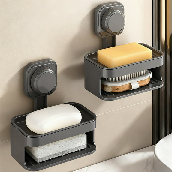 Elainilye Suction Cup Soap Dish Wall Mounted No Drill Double Layer Drain Rack for Bathroom Shower Kitchen Sink Soap Holder Storage Organizer