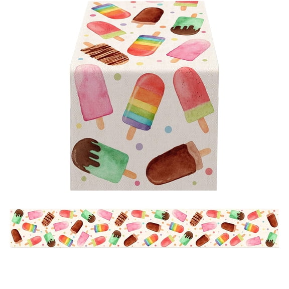 Elainilye Summer Popsicle Linen Table Runner, Ice Cream Theme Party Decor, Vibrant Kitchen Restaurant Birthday Home Celebration Accent
