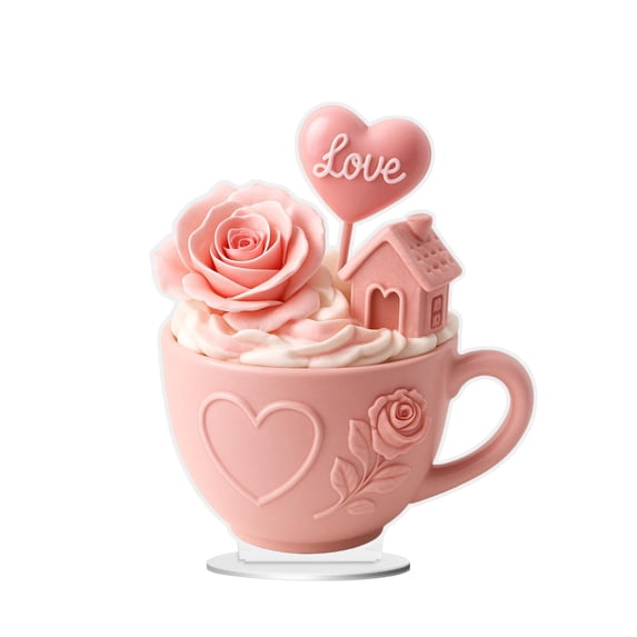Elainilye Tea Cup Ornament, Romantic Desktop Decor for Valentines Day, Gift for Lover, Ceramic Cup Figurine, Home Decoration
