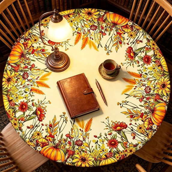 Elainilye Thanksgiving Pumpkin Round Tablecloth, 47 Inch Waterproof Oil Proof No Wash Dining Table Cover for Fall Harvest Dinner Party