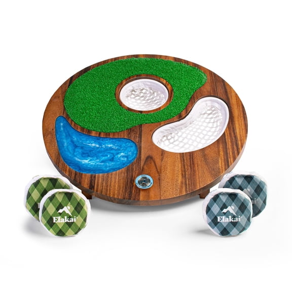 Elakai Island Hole Premium Wood & Resin Cornhole x Golf Chipping Game Dual-Play Outdoor Lawn Game with Turf, Bags & Foam Balls