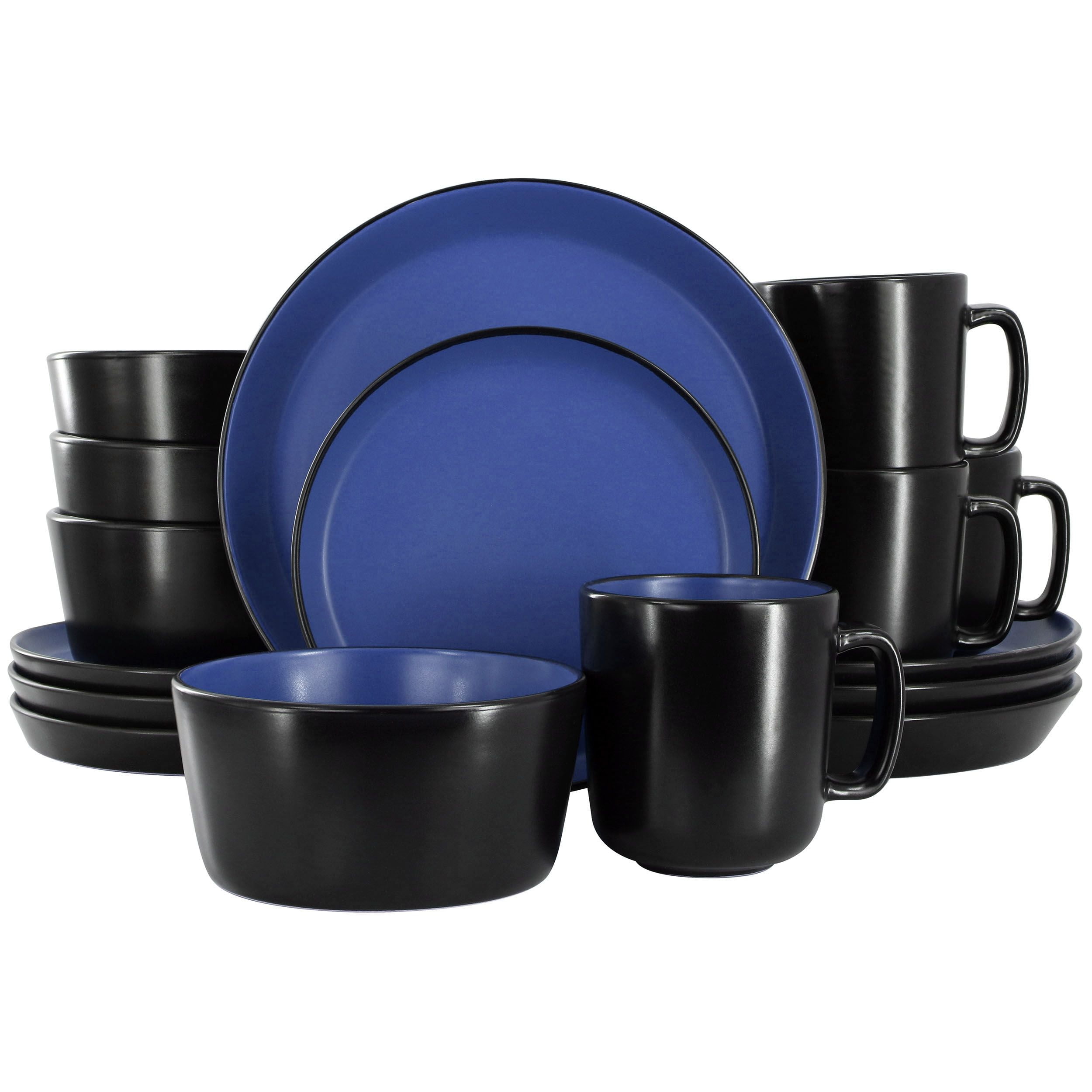 Free Shipping Elama 16 Piece Stoneware Dinnerware Set in Two Tone Black Blue Walmart