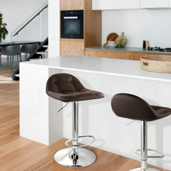 Elama 2 Piece Adjustable Faux Leather Round Low Back Bar Stool in Dark Brown with Chrome Base