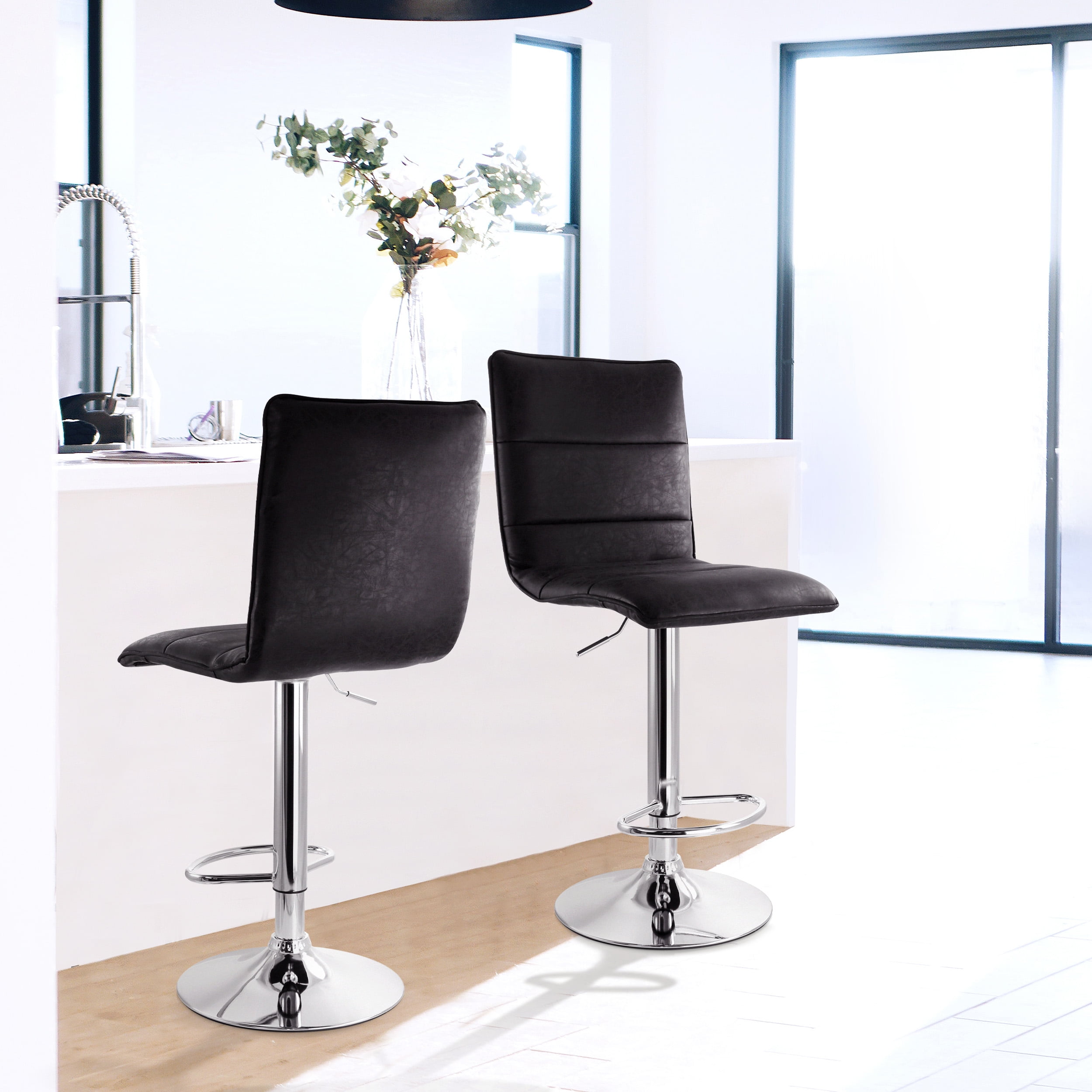 Elama Modern Swivel Adjustable Black Faux Leather Bar Stool Set