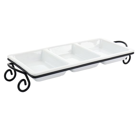 Elama 3 Section Divided Porcelain Rectangle Serving Tray in White with Metal Rack