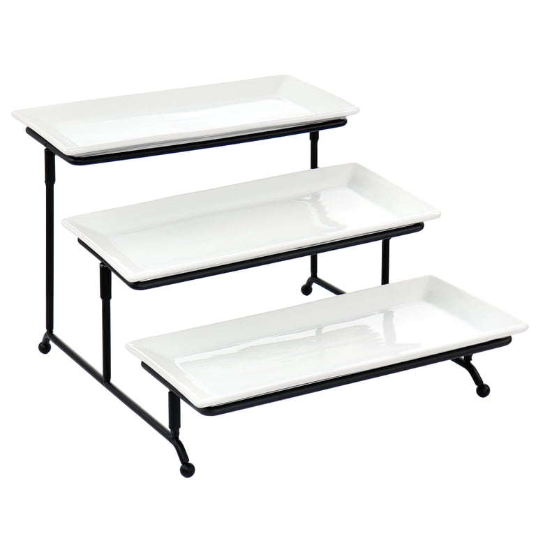 Elama 3 Tier Modern Rectangular Porcelain Serving Set with Stand