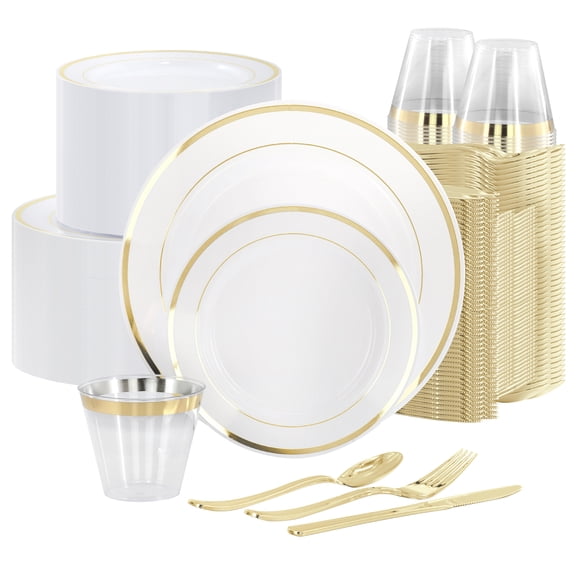 Elama 600 Piece Disposable Plastic Dinnerware Party Set for 100 Guests in White with Gold Trim
